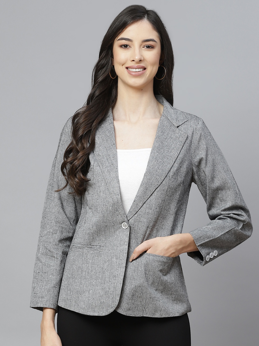

Cottinfab Women Grey Solid Regular Fit Single Breasted Blazer