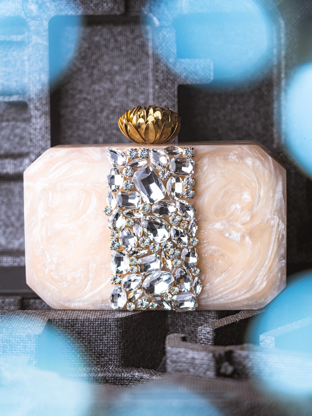 

NR By Nidhi Rathi Peach-Coloured & White Embellished Box Clutch