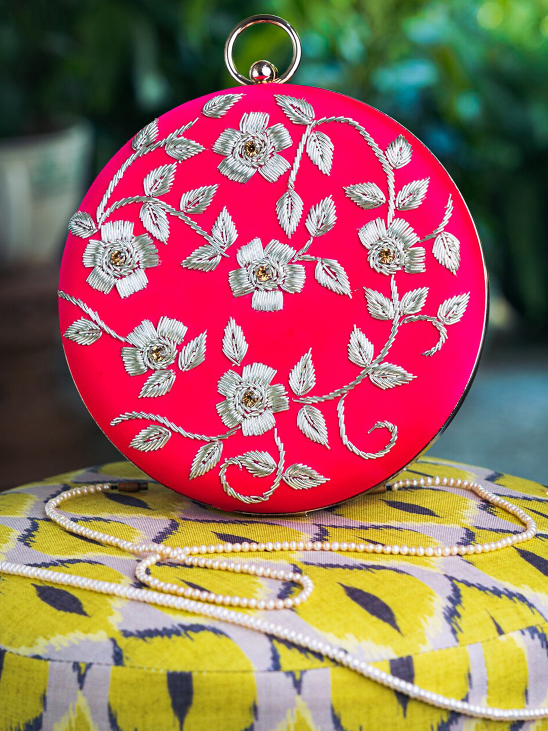 

NR By Nidhi Rathi Fuchsia & Silver-Toned Embellished Box Clutch