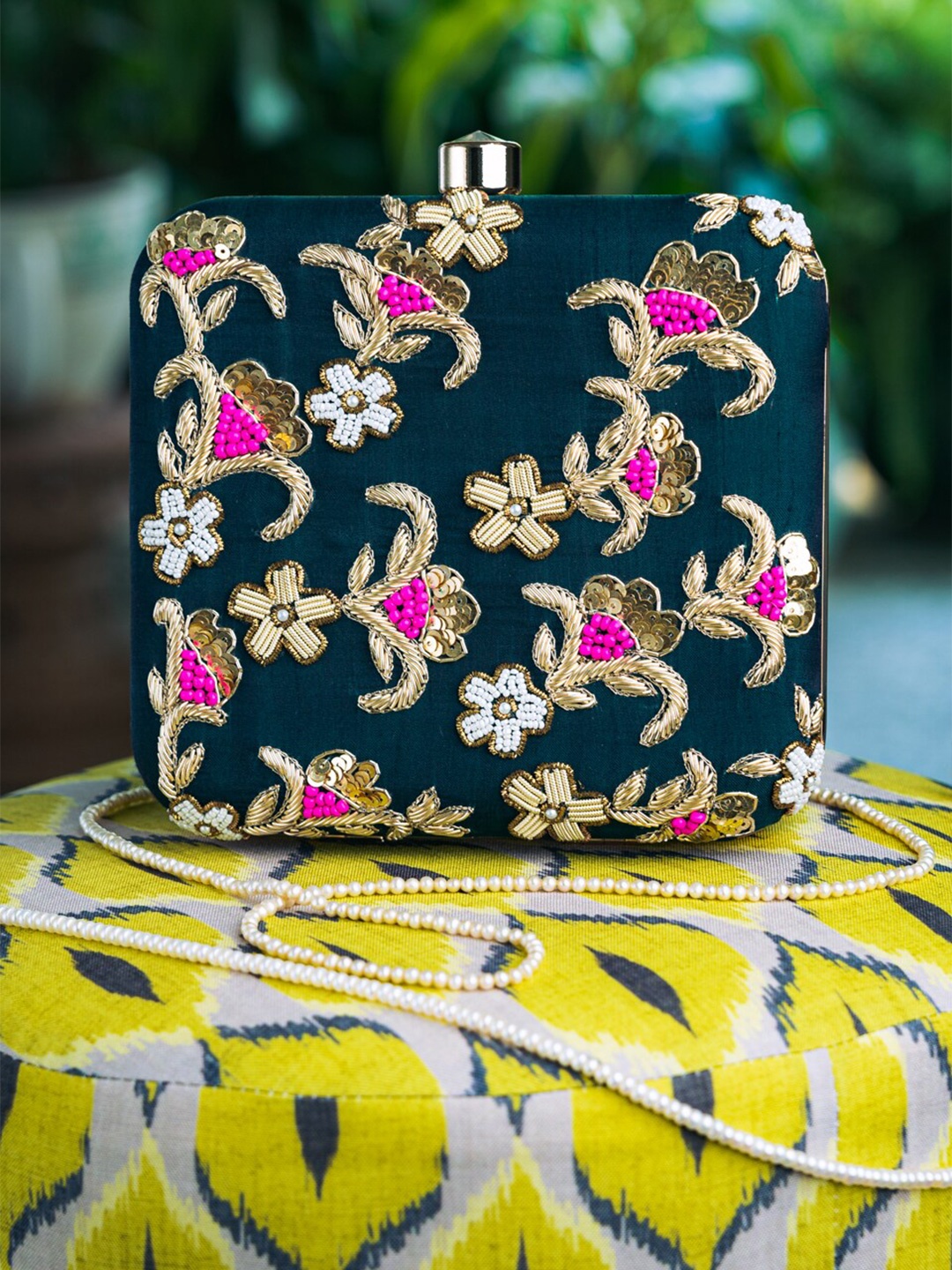 

NR By Nidhi Rathi Sea Green & Pink Embellished Box Clutch