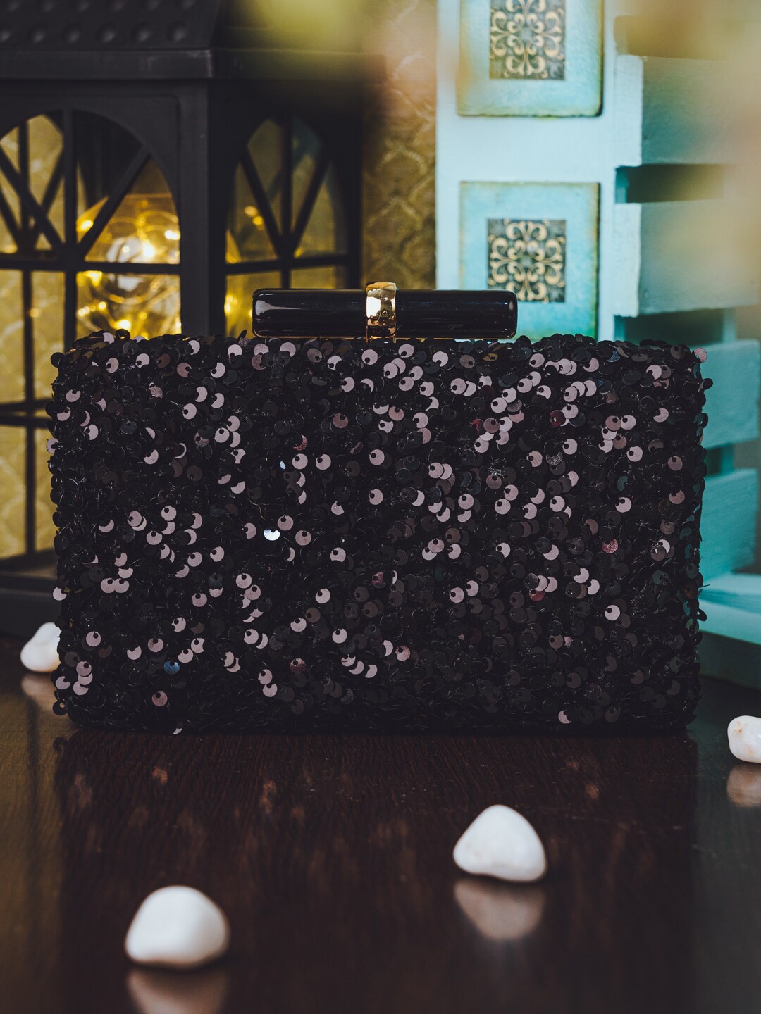 

NR By Nidhi Rathi Black Embellished Box Clutch