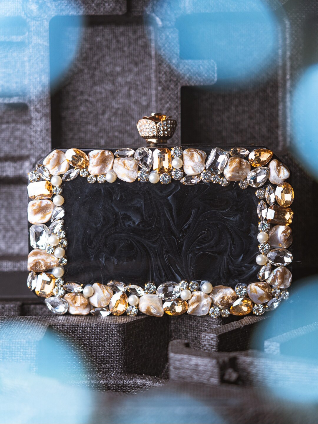 

NR By Nidhi Rathi Black & White Embellished Box Clutch