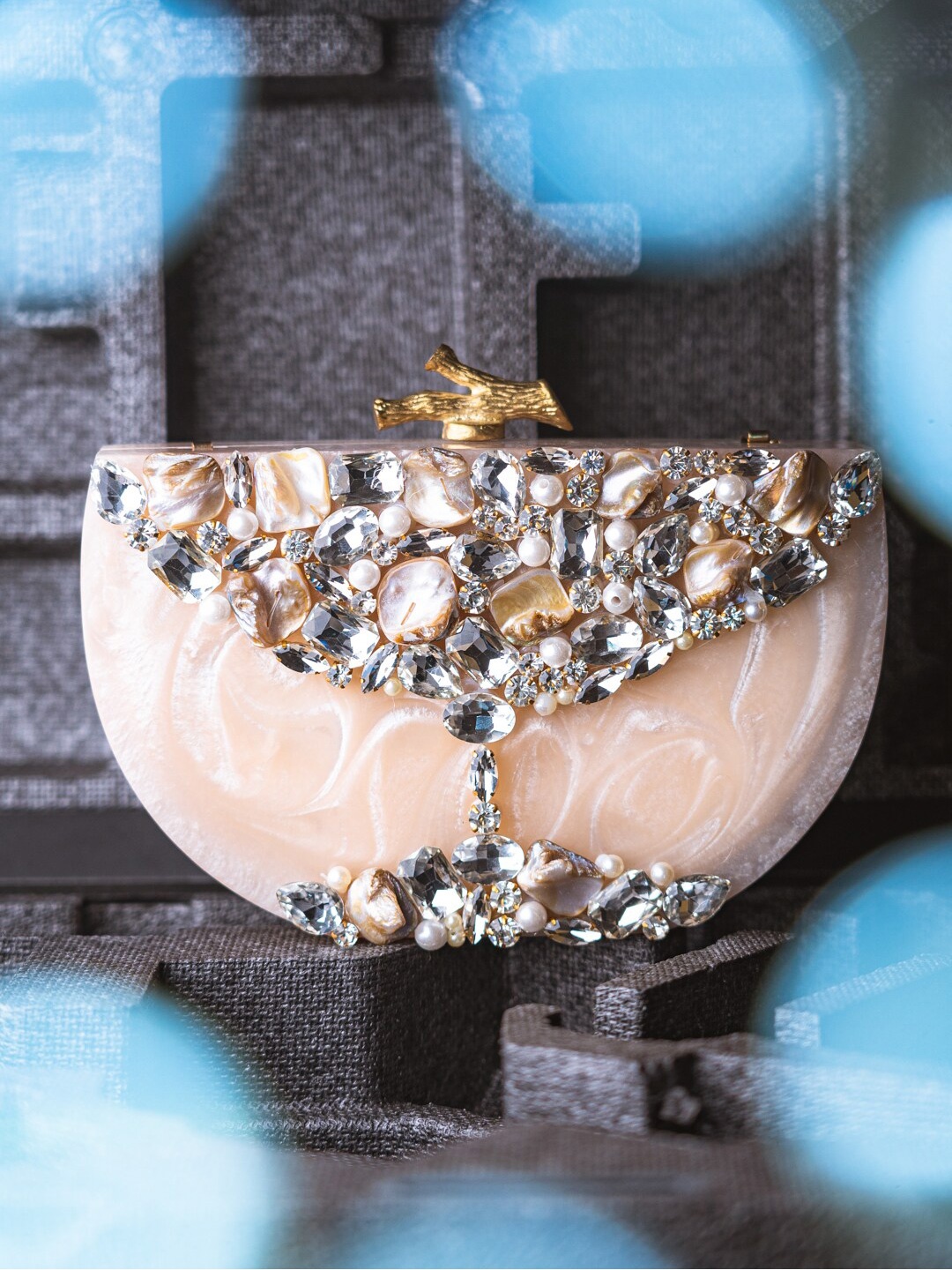 

NR By Nidhi Rathi Beige & Gold-Toned Embellished Box Clutch