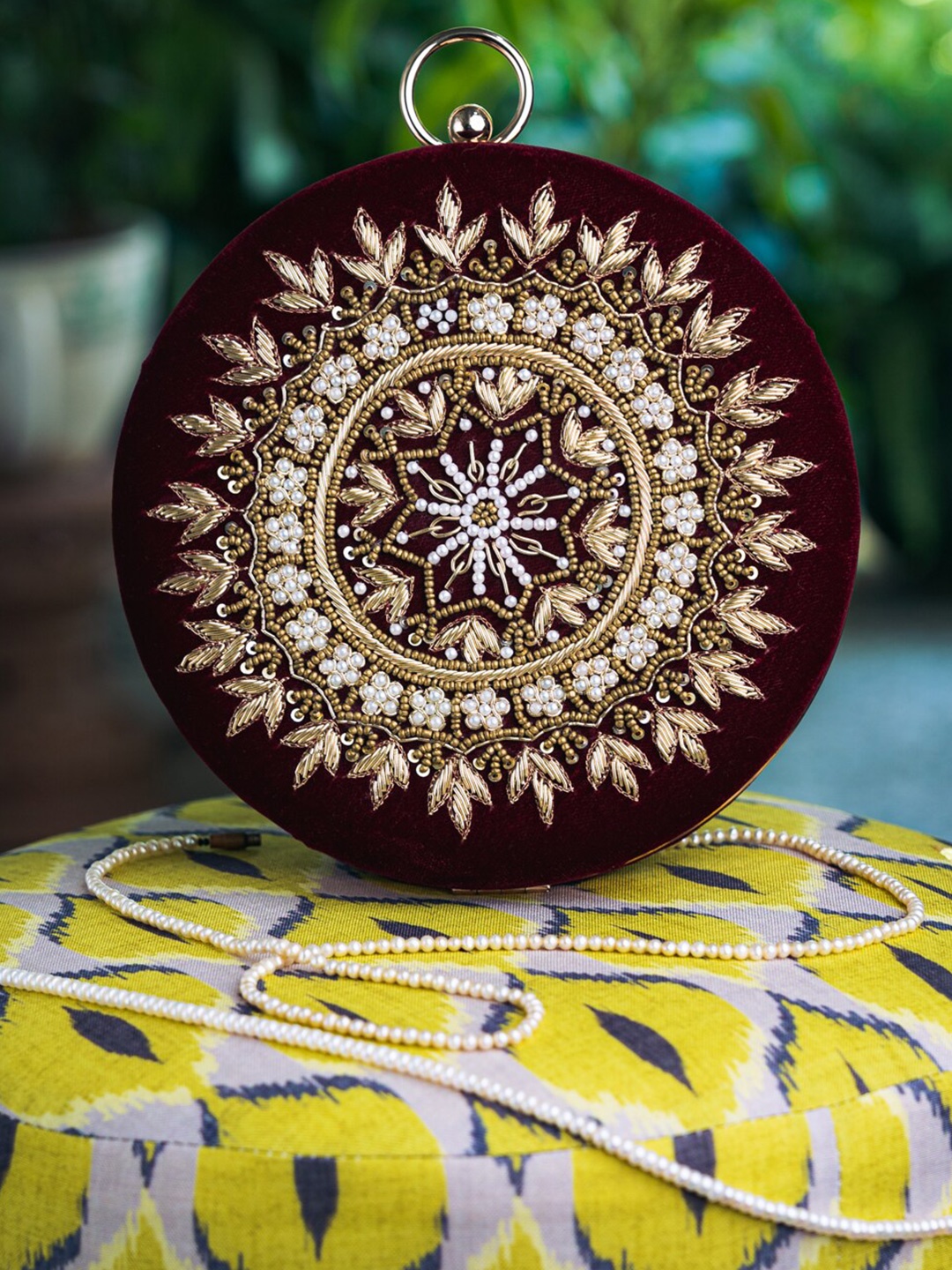 

NR By Nidhi Rathi Maroon & White Embellished Box Clutch
