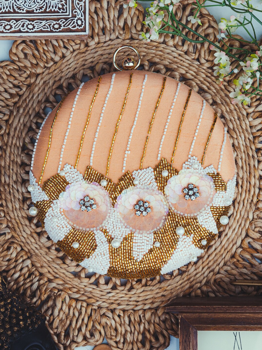 

NR By Nidhi Rathi Peach-Coloured & White Embellished Box Clutch