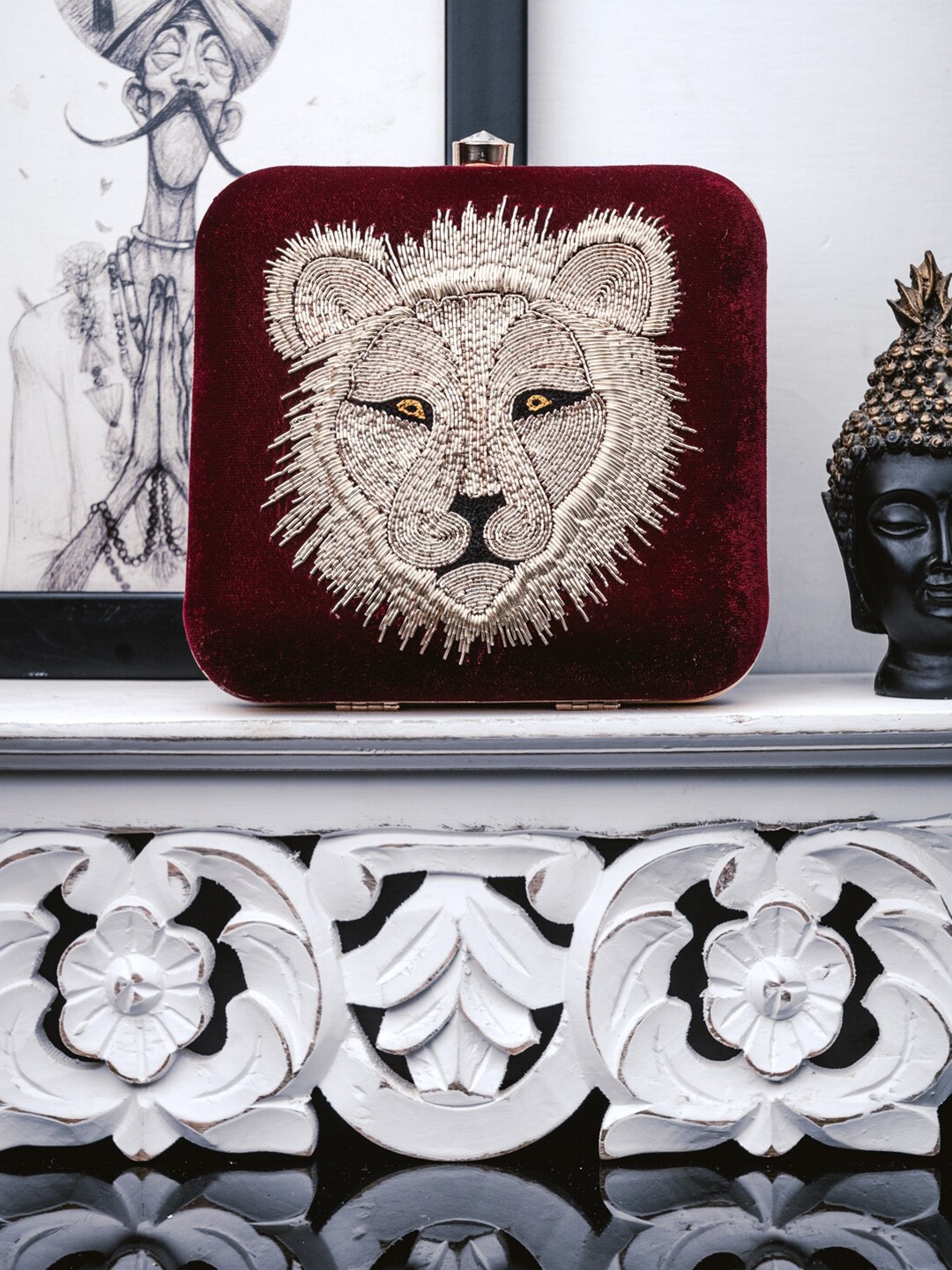 

NR By Nidhi Rathi Maroon & White Embellished Box Clutch