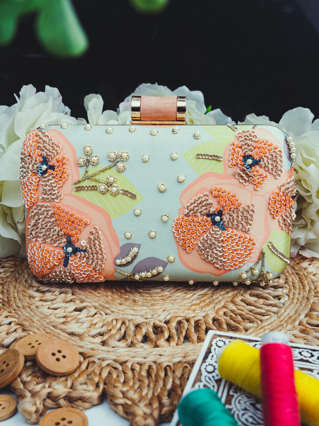 

NR By Nidhi Rathi Peach-Coloured & Turquoise Blue Embellished Box Clutch