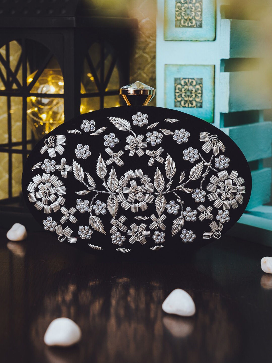 

NR By Nidhi Rathi Black & White Embellished Box Clutch