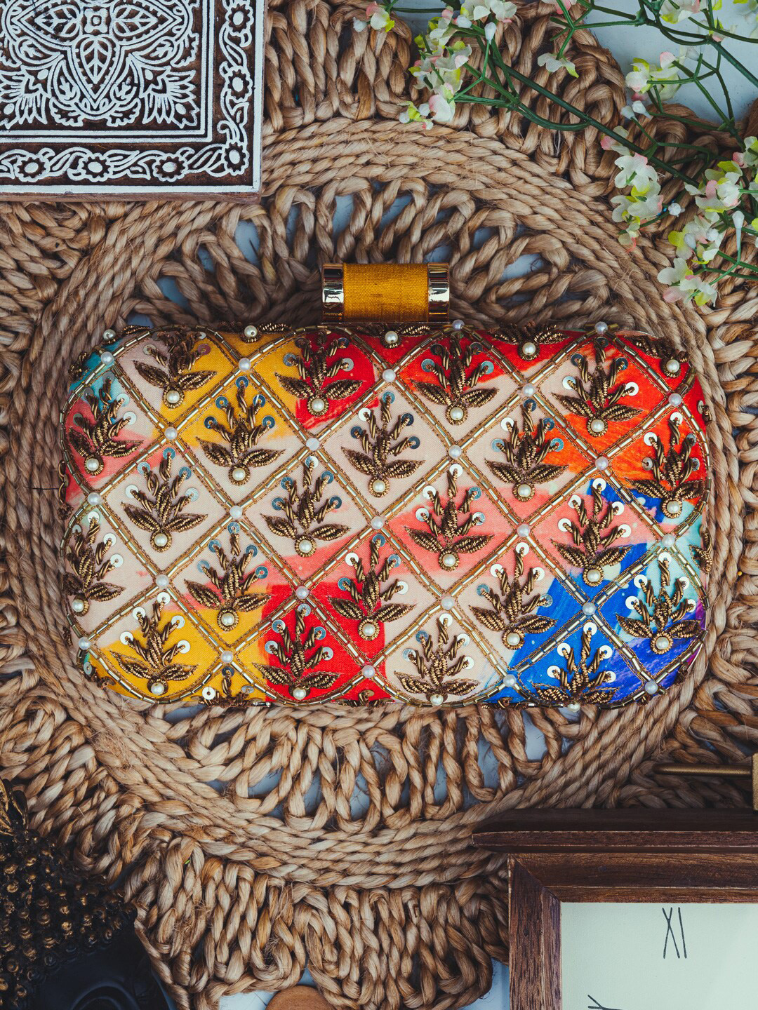 

NR By Nidhi Rathi Yellow & Blue Embellished Box Clutch