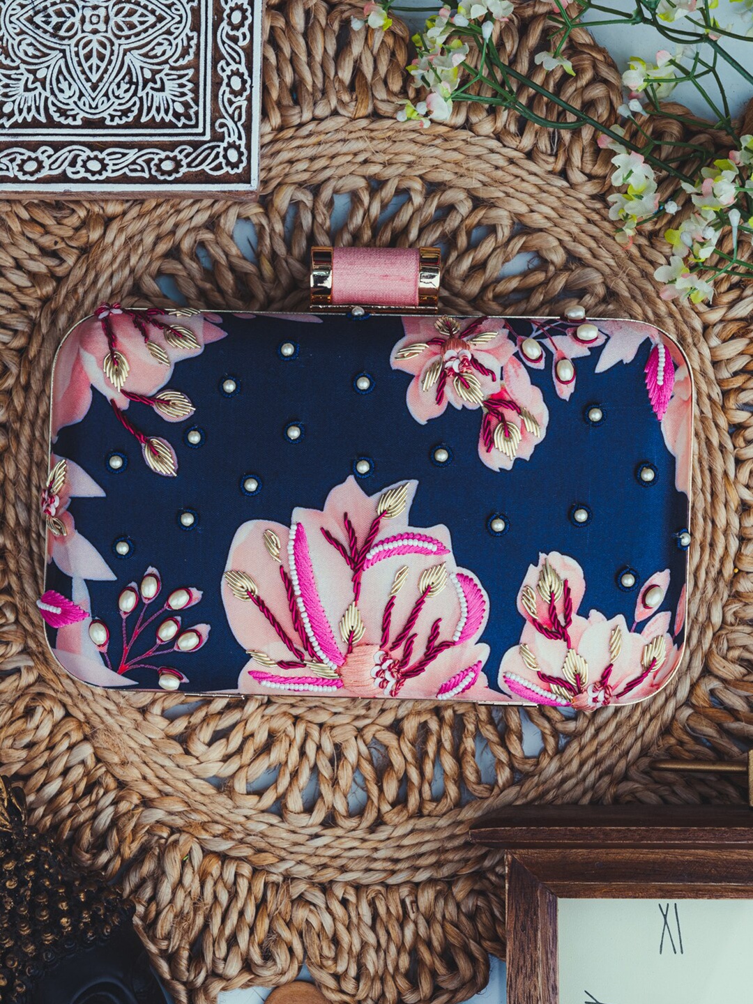 

NR By Nidhi Rathi Navy Blue & Pink Embellished Box Clutch