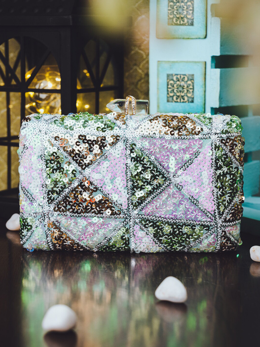 

NR By Nidhi Rathi Green & Blue Embellished Box Clutch