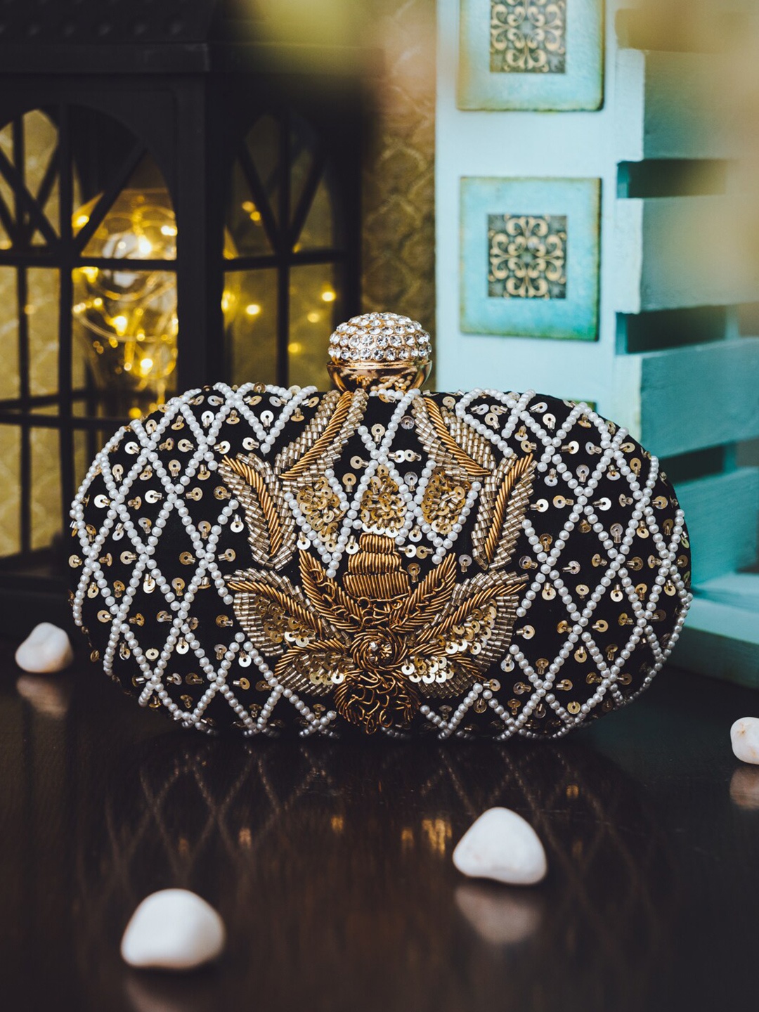 

NR By Nidhi Rathi Teal Green & White Embroidered Box Clutch