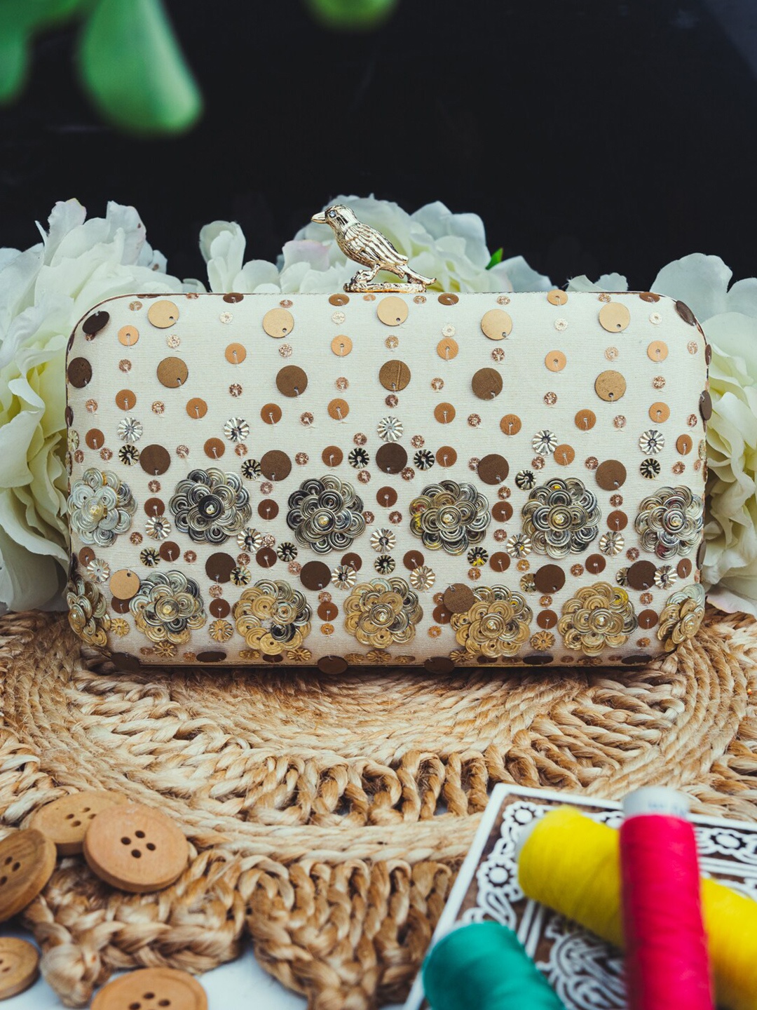 

NR By Nidhi Rathi Beige Embroidered Box Clutch