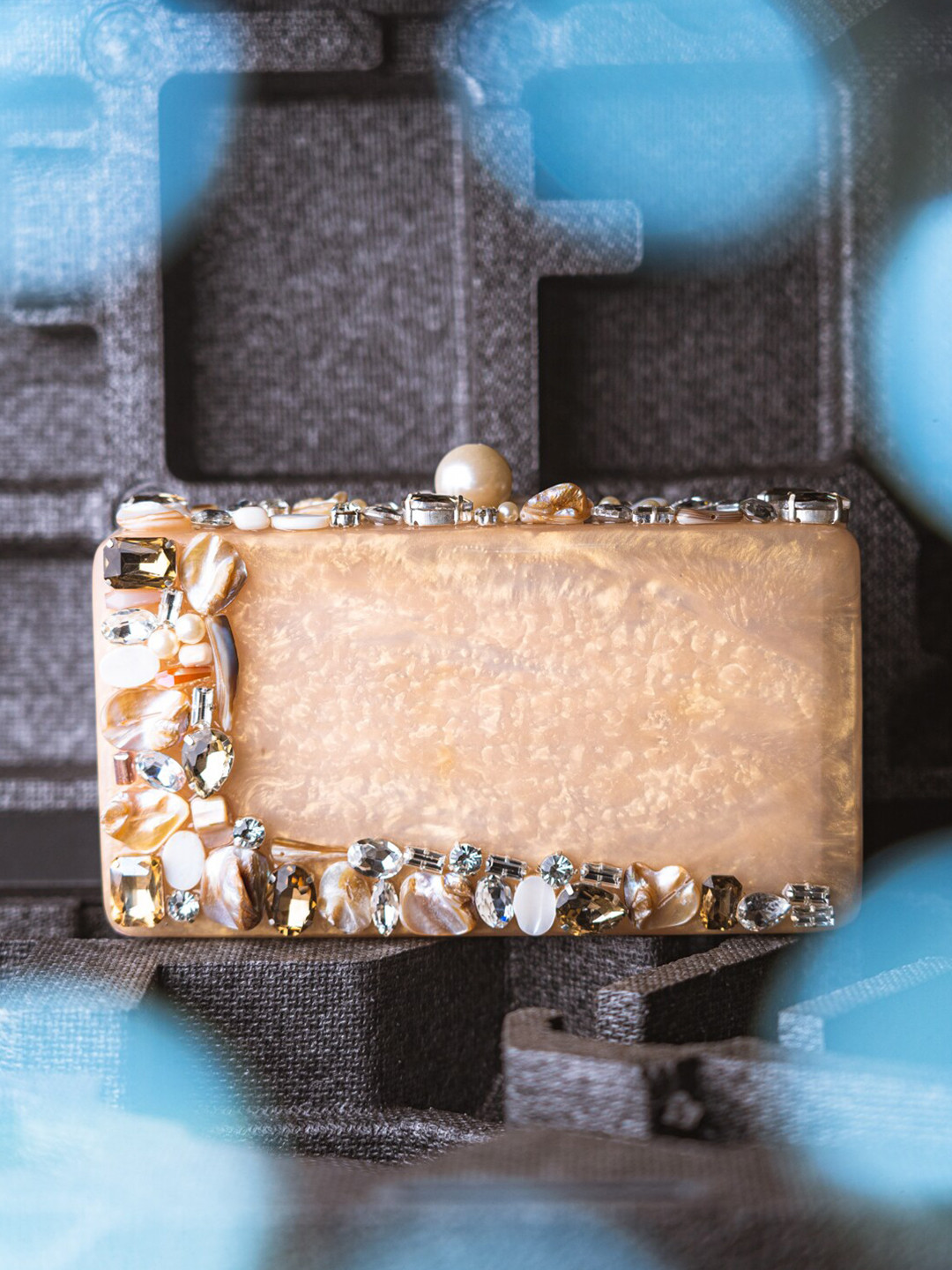 

NR By Nidhi Rathi Beige & Gold-Toned Embellished Box Clutch