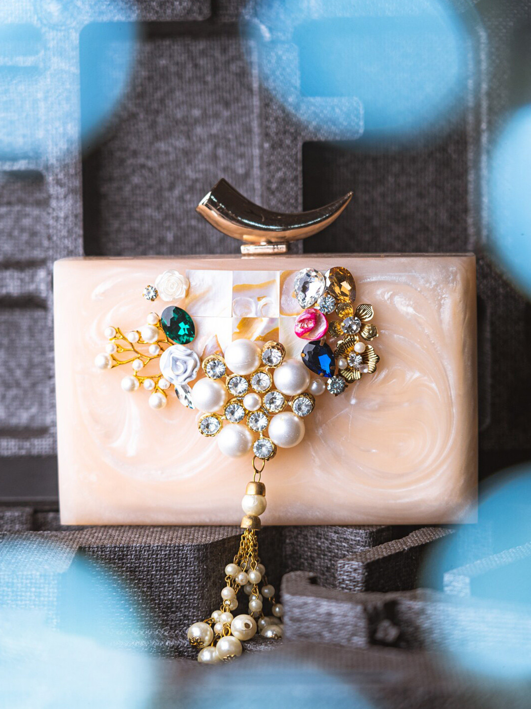 

NR By Nidhi Rathi Beige & White Embellished Box Clutch