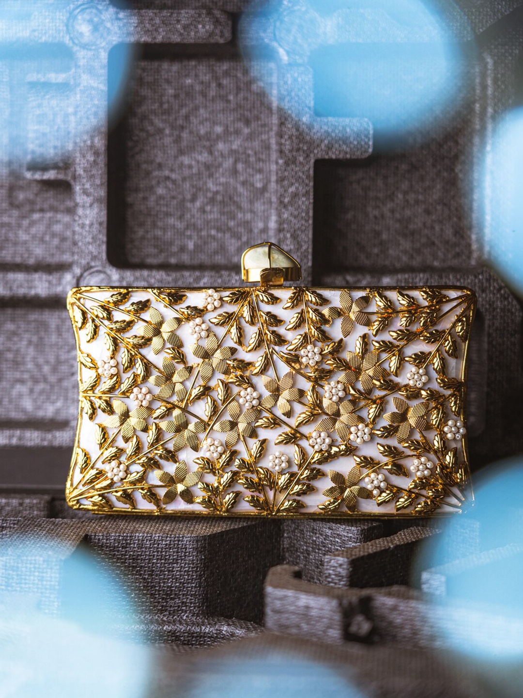 

NR By Nidhi Rathi Beige & Gold-Toned Embellished Box Clutch