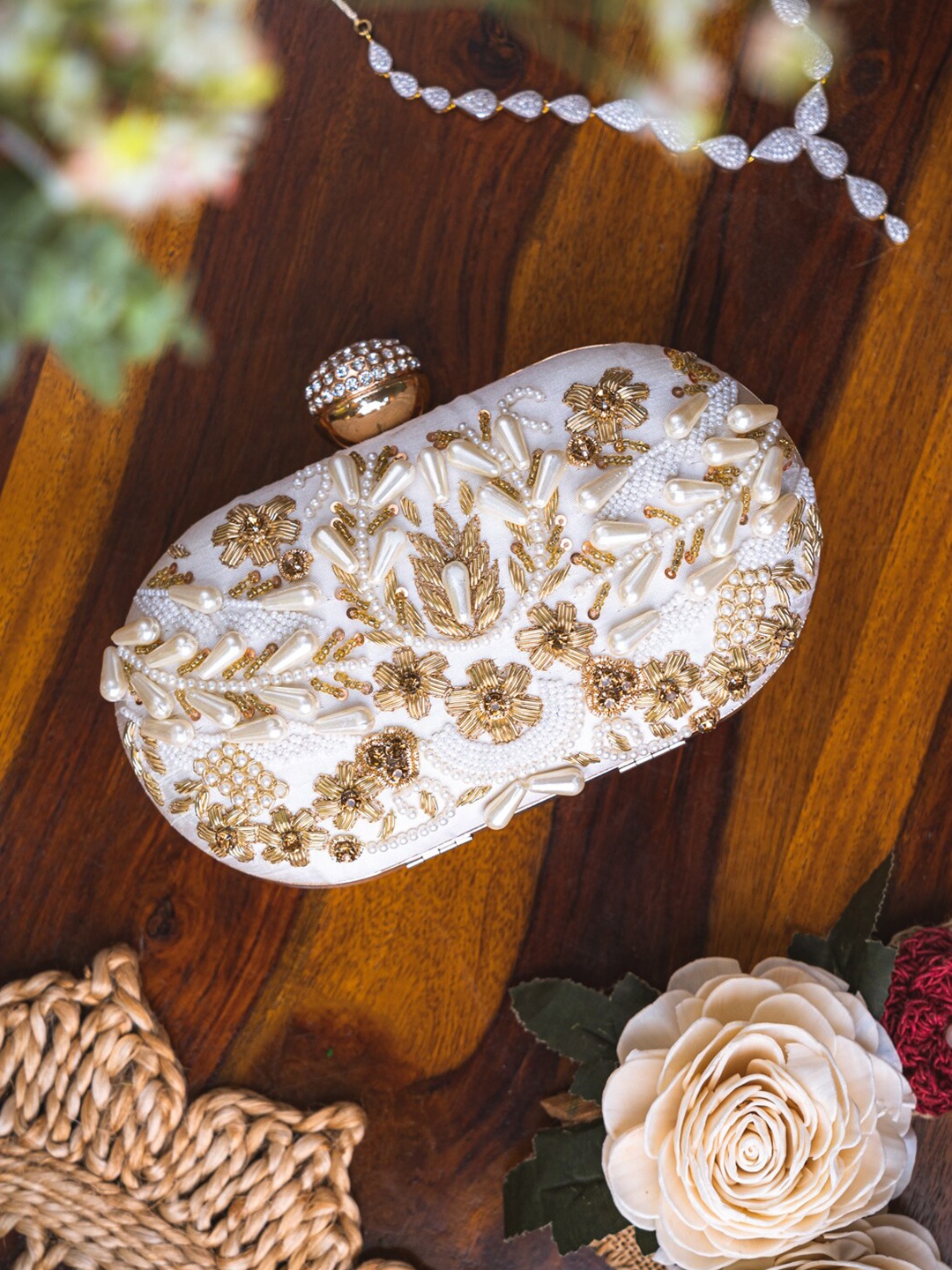 

NR By Nidhi Rathi White & Gold-Toned Embroidered Box Clutch