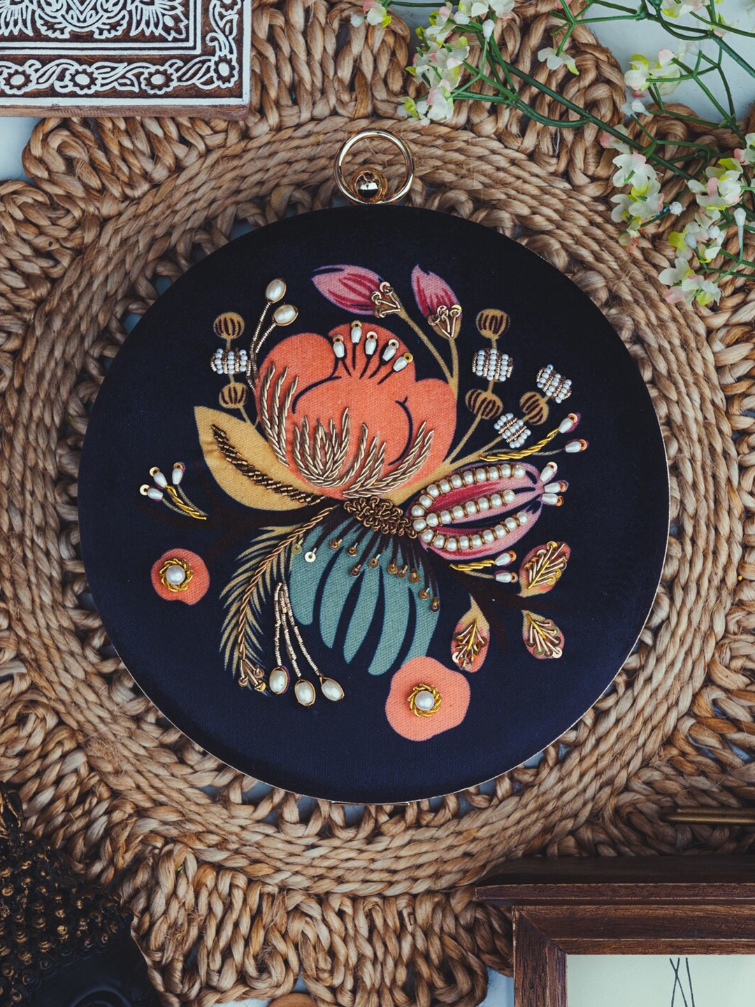 

NR By Nidhi Rathi Blue & Peach-Coloured Embroidered Box Clutch