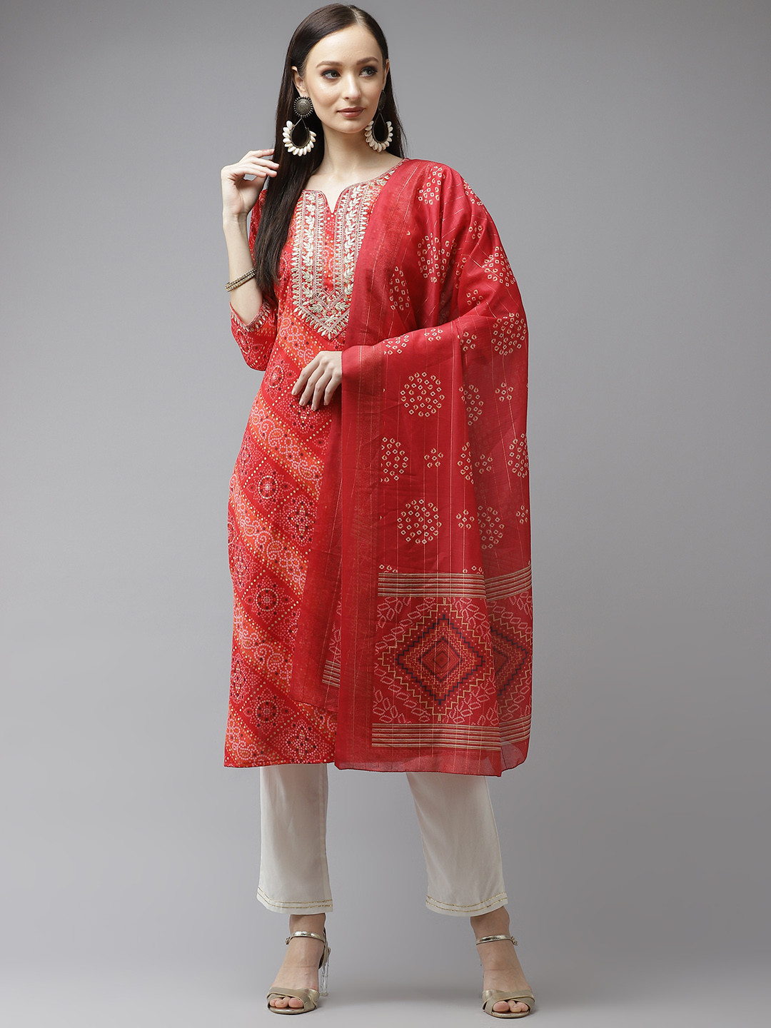 

Yufta Women Red Bandhani Printed Regular Gotta Patti Kurta with Palazzos & With Dupatta