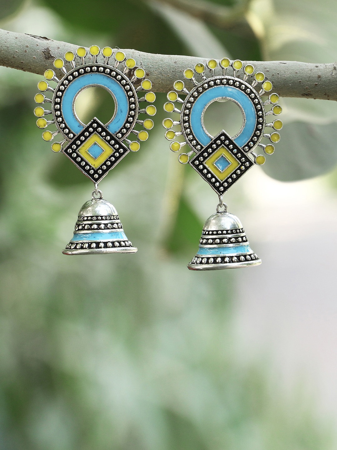 

Adwitiya Collection Silver-Plated Silver-Toned & Yellow Dome Shaped Jhumkas Earrings