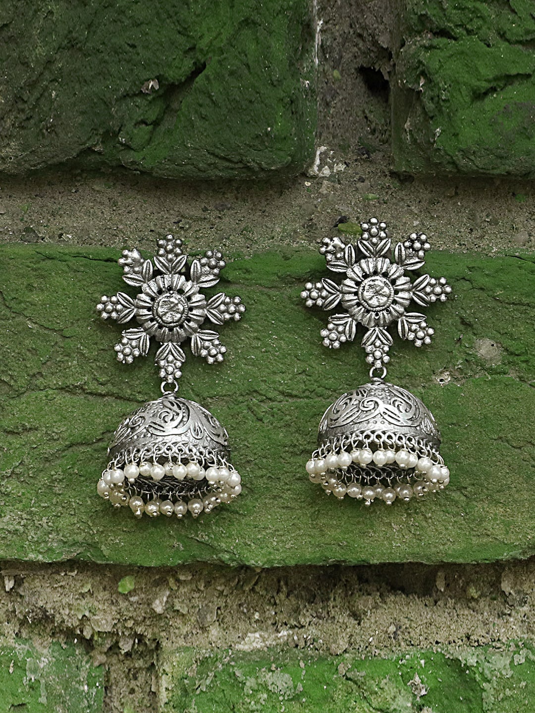 

Adwitiya Collection Silver-Toned Dome Shaped Jhumkas Earrings