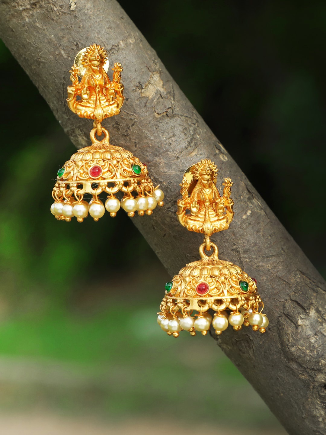 

Adwitiya Collection 24CT Gold-Plated Dome Shaped Stone-Studded Temple Jhumkas Earrings