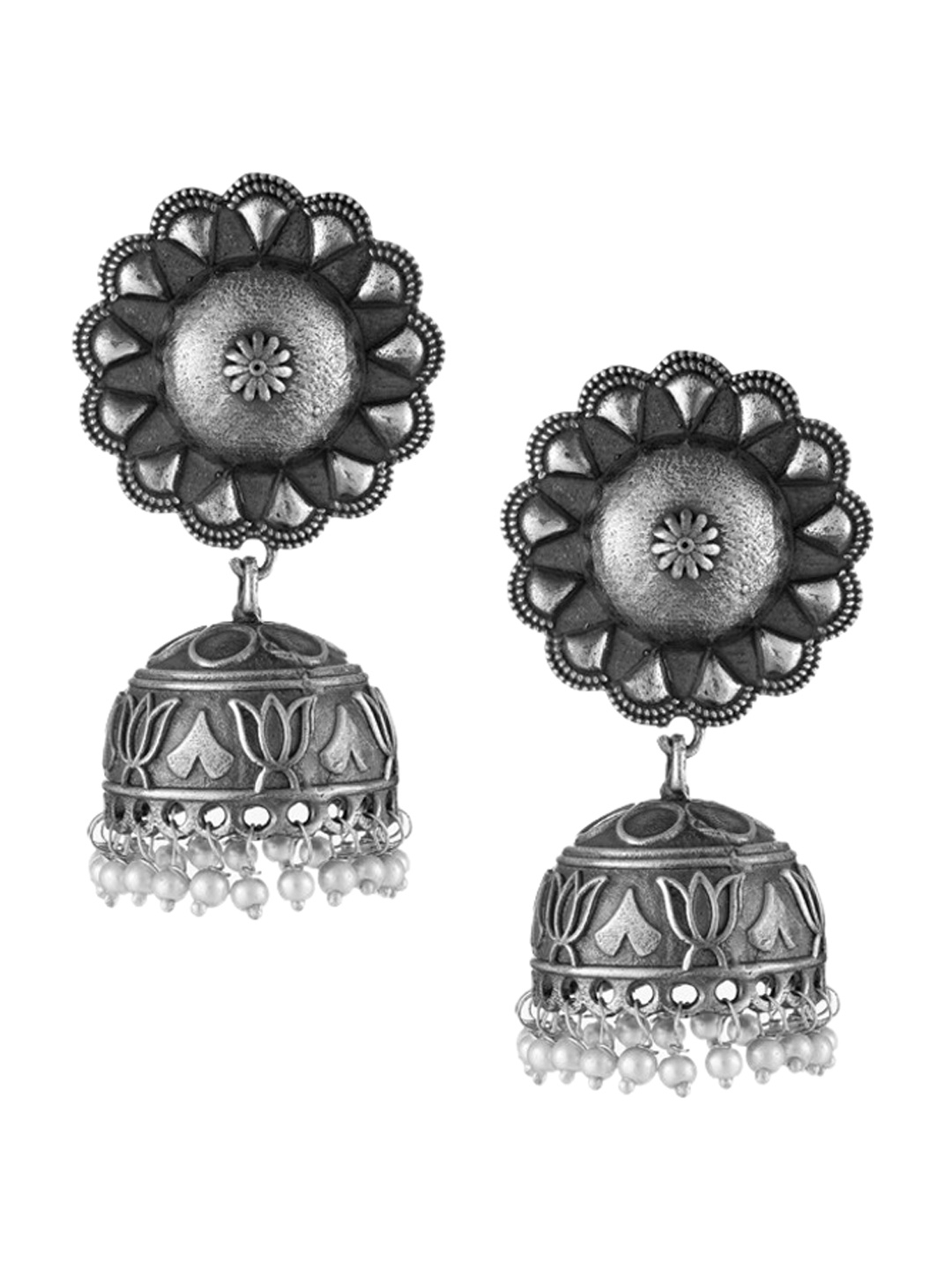 

Adwitiya Collection Silver-Plated Oxidised Dome Shaped Jhumkas Earrings
