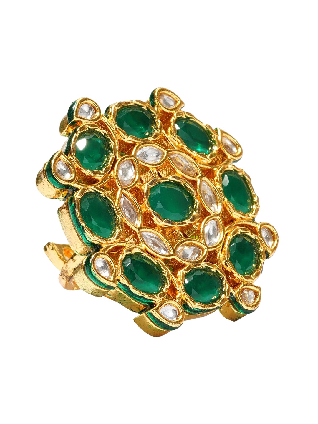 

DUGRISTYLE Gold-Plated White & Green Kundan Stone Studded Handcrafted Finger Ring