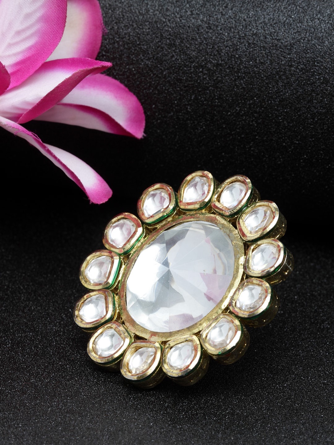 

DUGRISTYLE Gold-Plated Green & White Kundan Studded Handcrafted Finger Ring