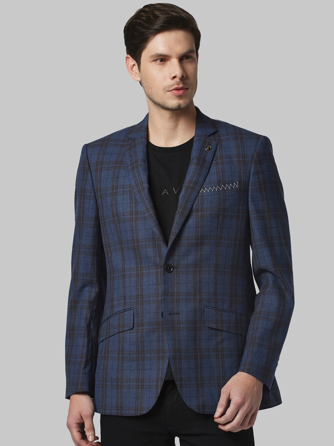 

Park Avenue Men Blue & Black Checked Woolen Single-Breasted Formal Blazer