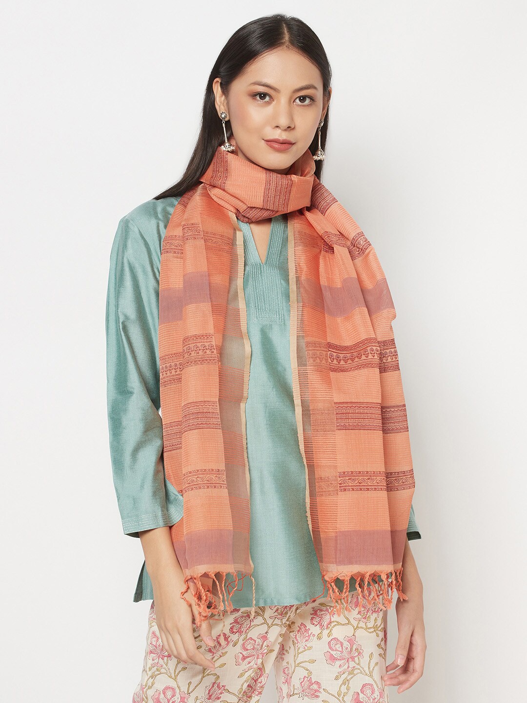 

Fabindia Women Pink & Orange Striped Stole