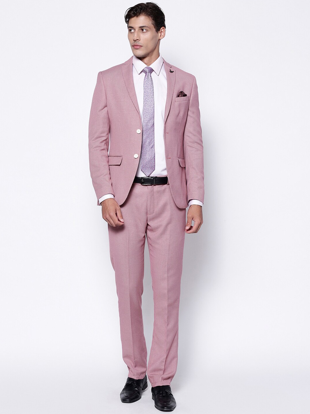 

Blackberrys Men Pink Self-Design Slim-Fit Single-Breasted Two-Piece Formal Suit