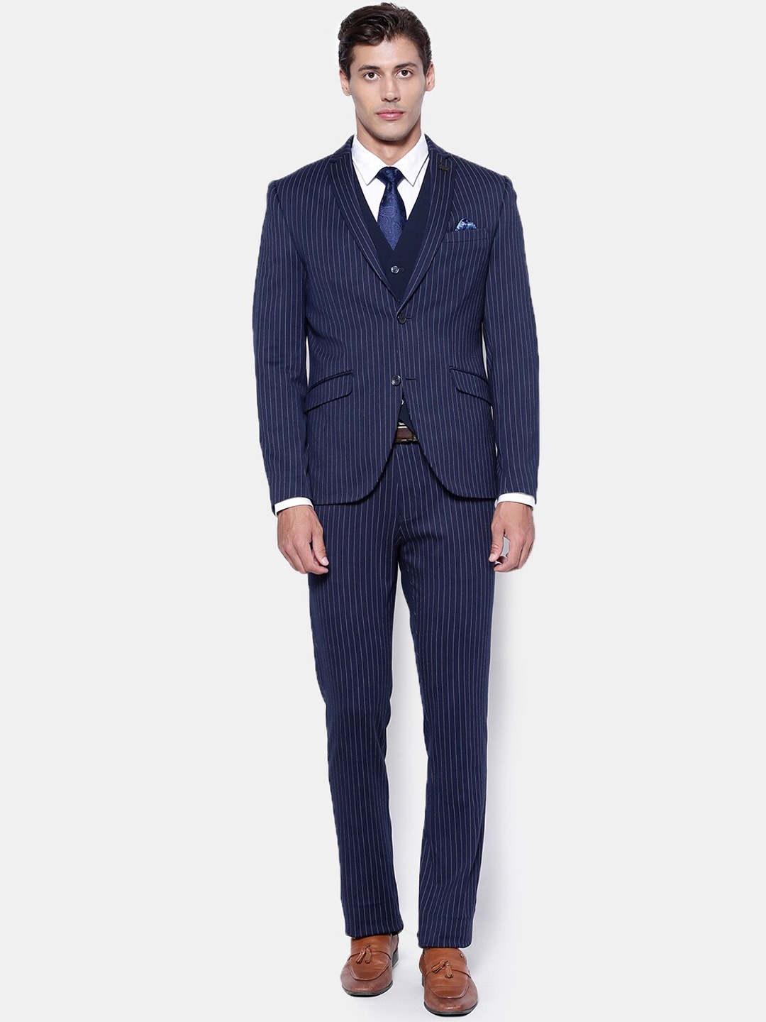 

Blackberrys Men Navy Blue & White Striped Slim-Fit Single-Breasted 3-Piece Suit