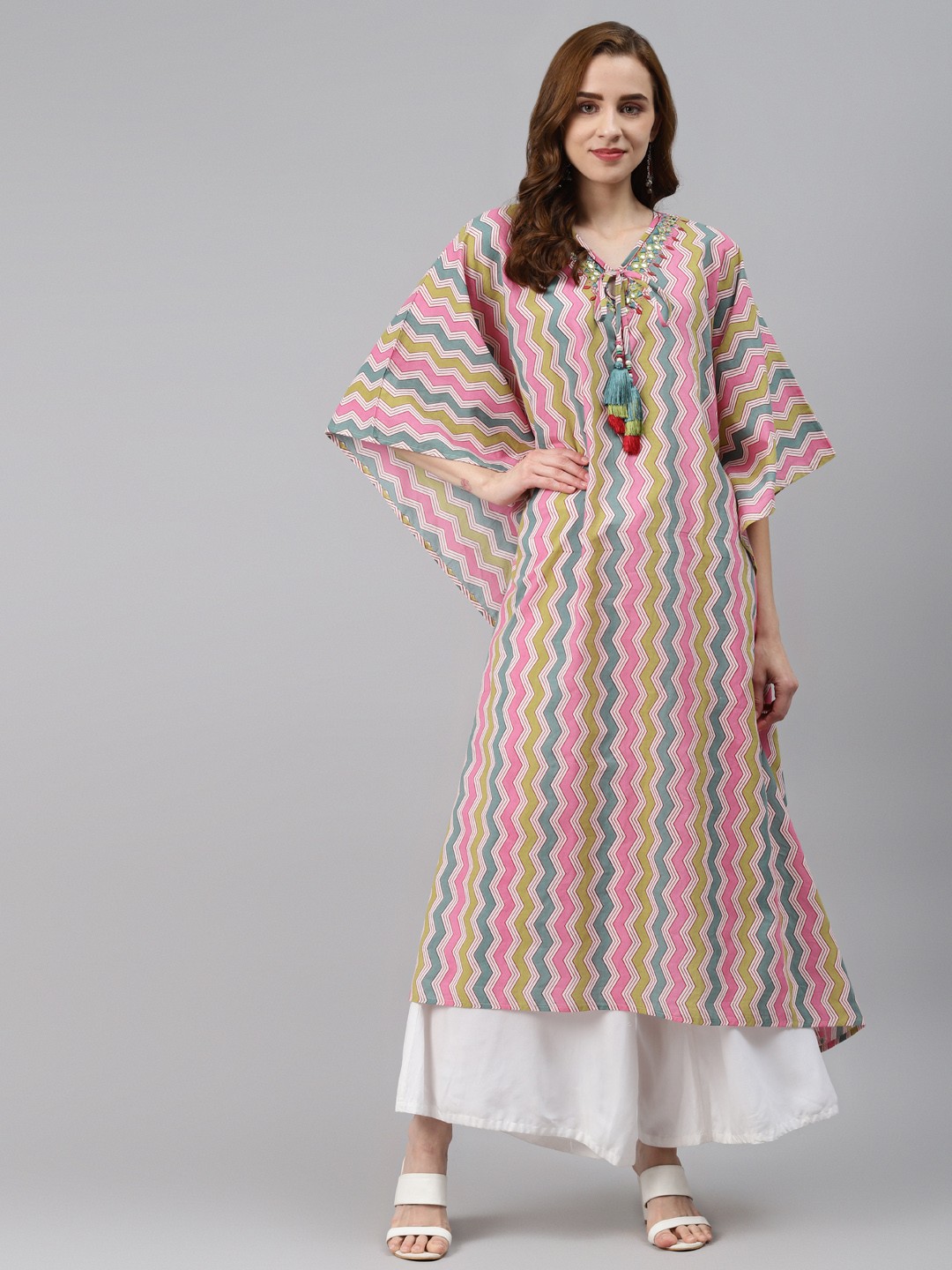

Silai Bunai Women Pink & Blue Chevron Printed Mirror Work Pure Cotton Kaftan Kurta