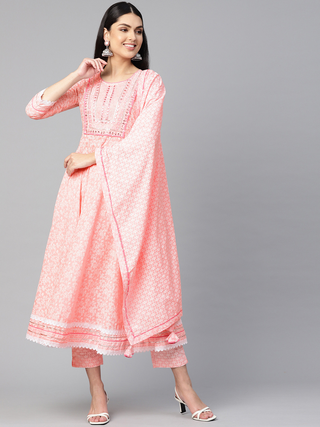 

Silai Bunai Women Pink Printed Regular Mirror Work Pure Cotton Kurta with Trousers & With Dupatta