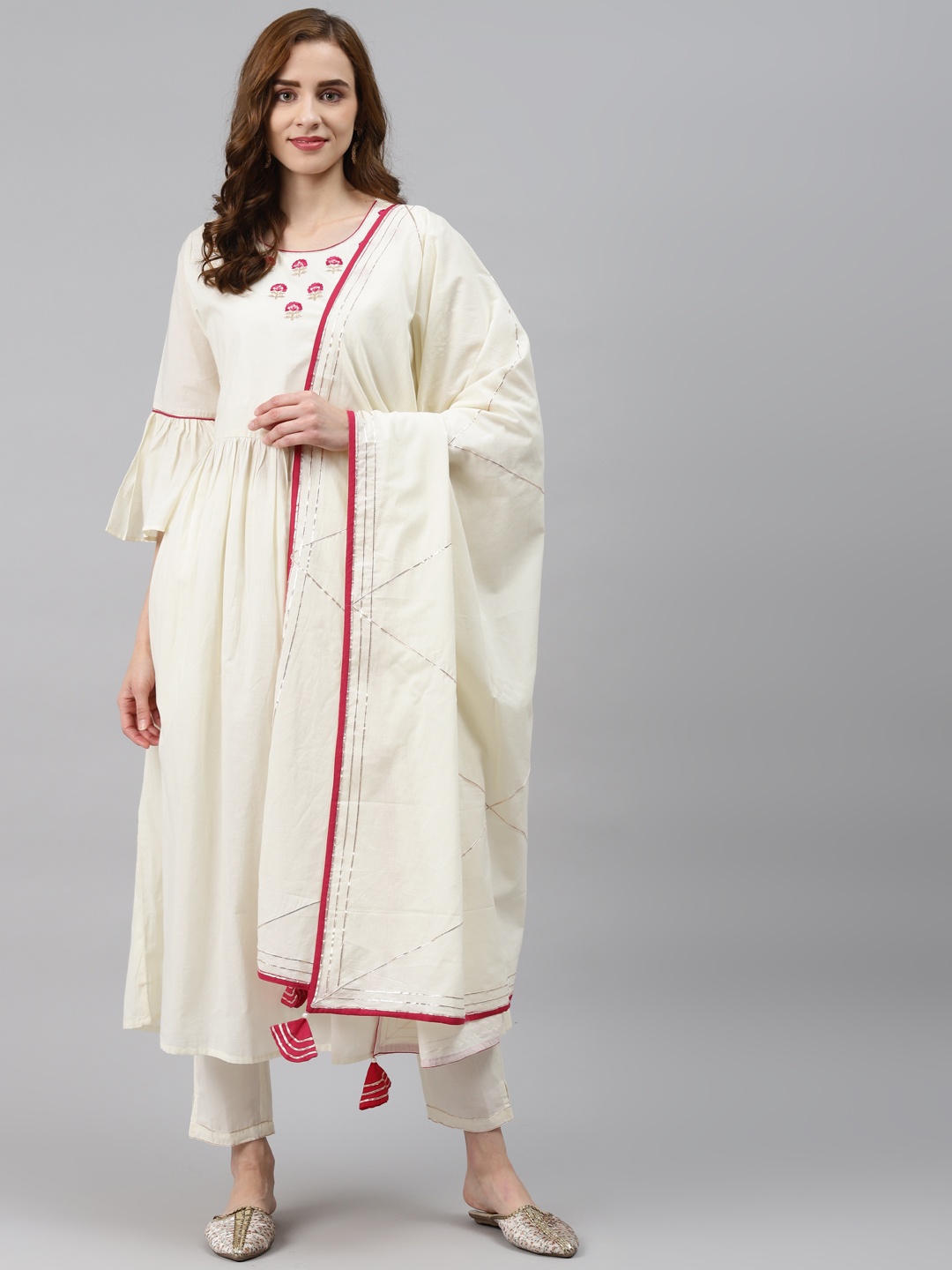 

Silai Bunai Women Off White Embroidered Regular Pure Cotton Kurta with Trousers & With Dupatta