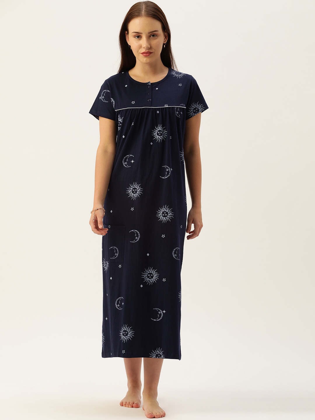 

GALYPSO Navy Blue Celestial Astrology Printed Cotton Maxi Nightdress