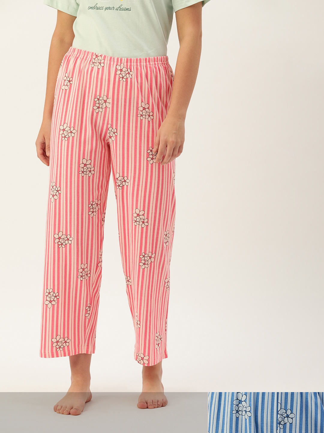 

Galypso Women Pack of 2 Striped Pure Cotton Lounge Pants, Pink