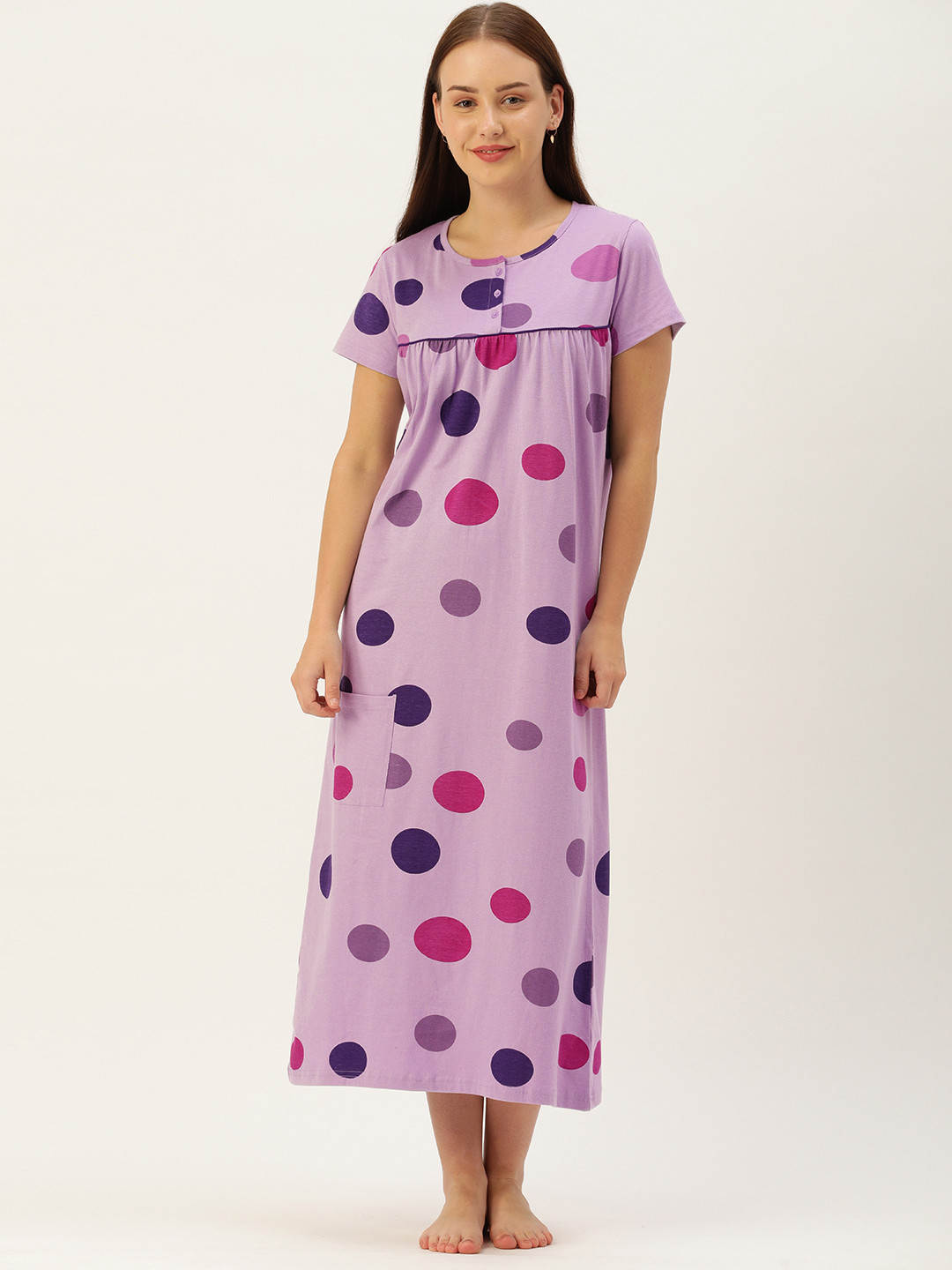

GALYPSO Lavender Polka Dot Printed Cotton Maxi Nightdress