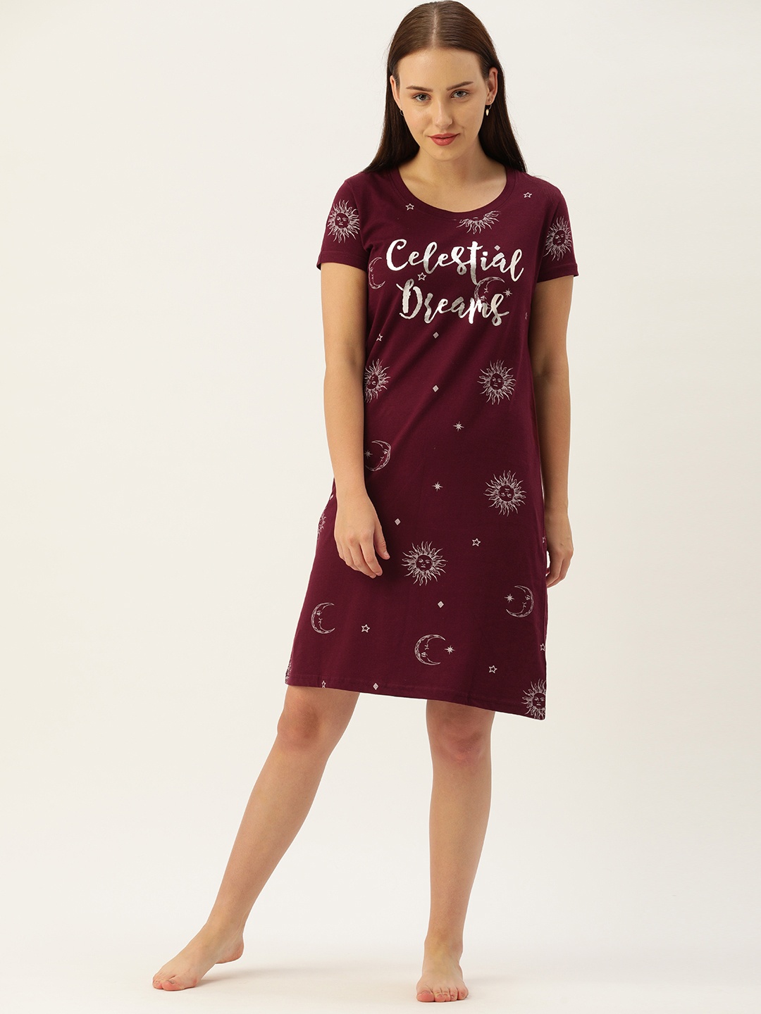 

GALYPSO Burgundy Cotton Printed T-shirt Nightdress