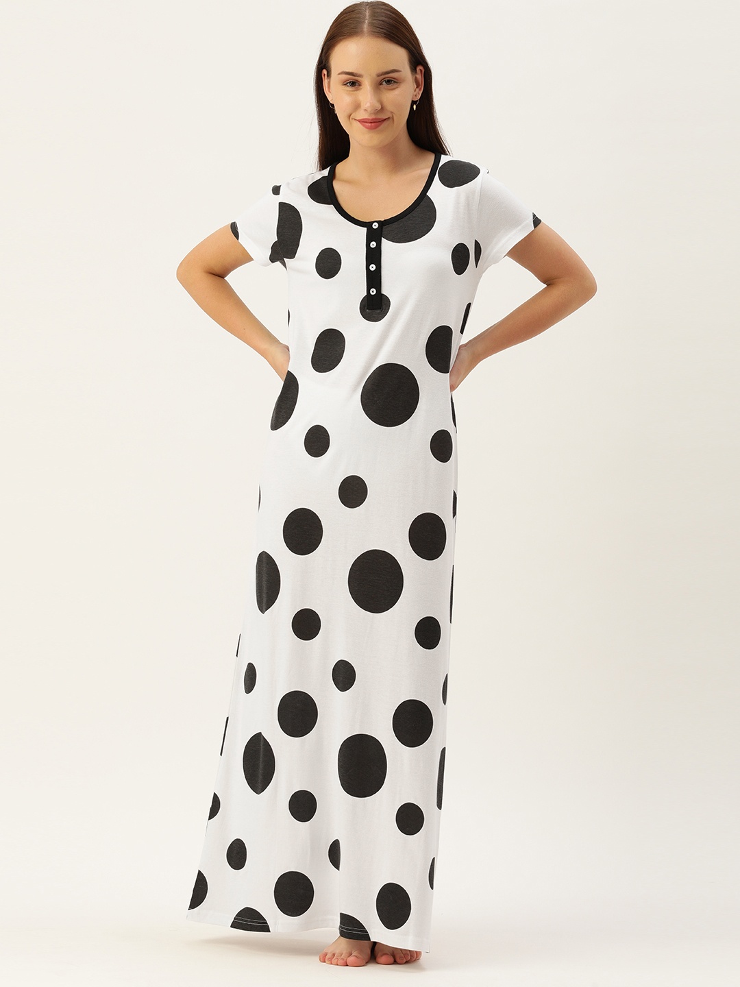 

GALYPSO White Polka Dots Printed Maxi Nightdress