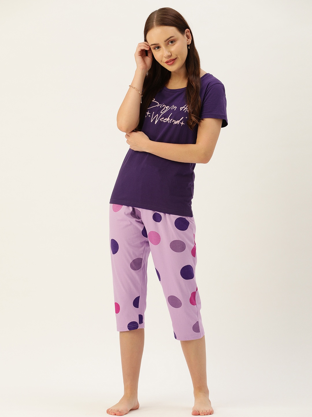

GALYPSO Women Purple & Lavender Printed Night suit