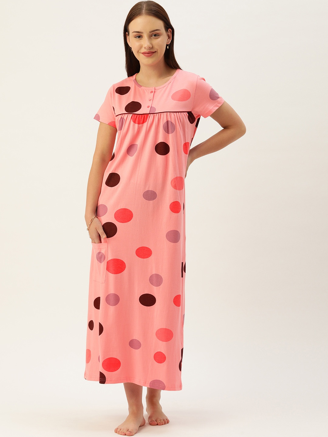 

GALYPSO Pink Polka Dot Printed Cotton Maxi Nightdress