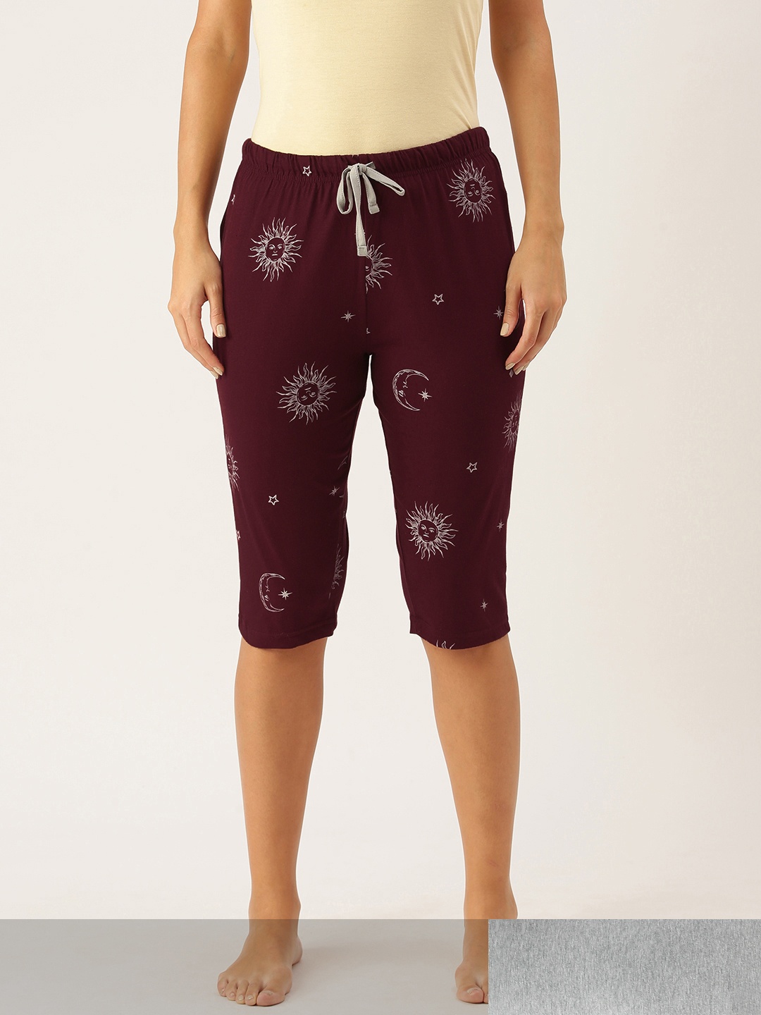 

GALYPSO Women Set of 2 Burgundy & Grey Melange Printed Lounge Capris