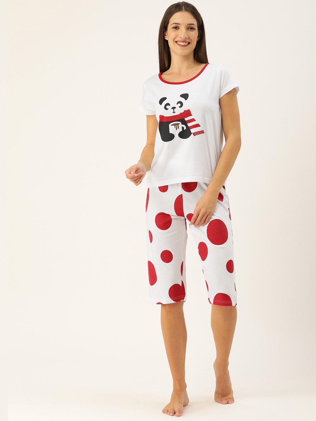 

GALYPSO Women White & Red Polka Dot Printed Night suit