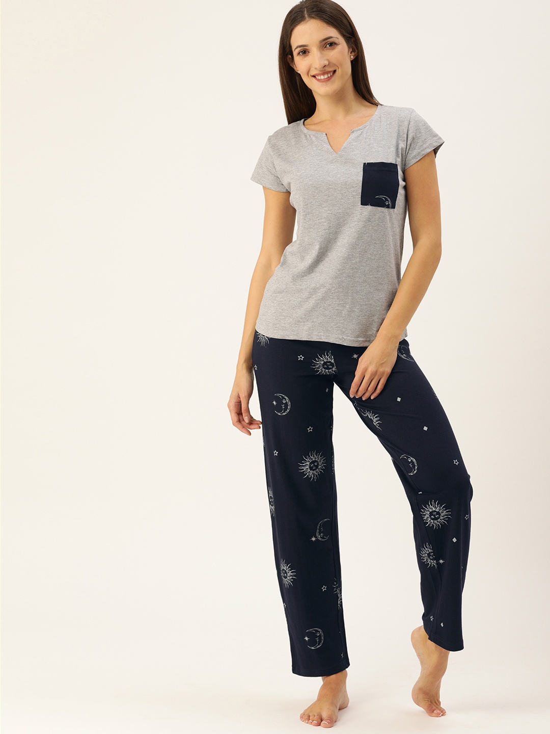 

GALYPSO Women Navy Blue & Grey Melange Celestial Astrology Night suit