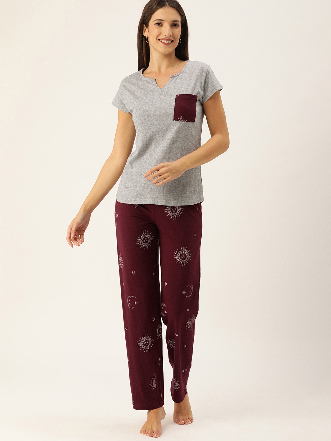 

GALYPSO Women Burgundy & Grey Melange Night suit