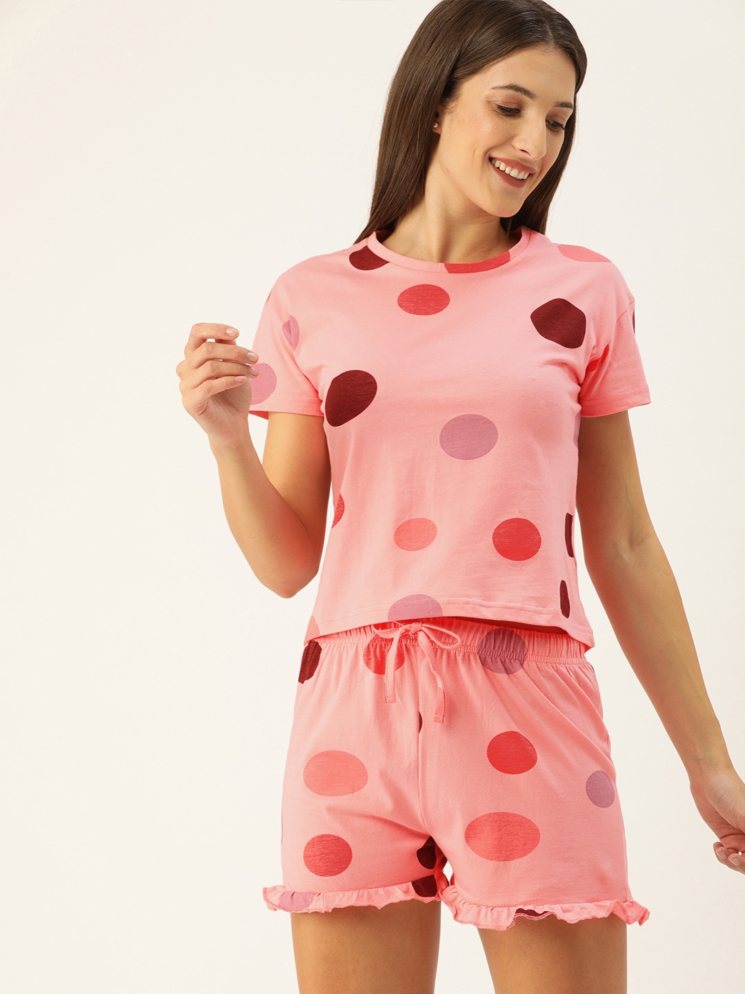 

GALYPSO Women Pink Polka Dot Printed Cotton Night suit