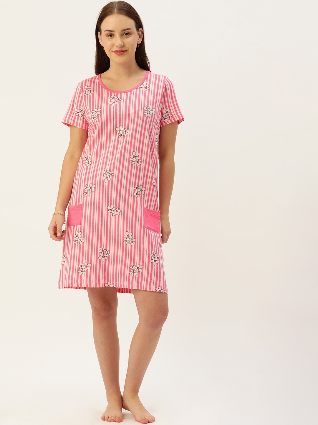 

GALYPSO Pink Floral Striped Cotton T-shirt Nightdress