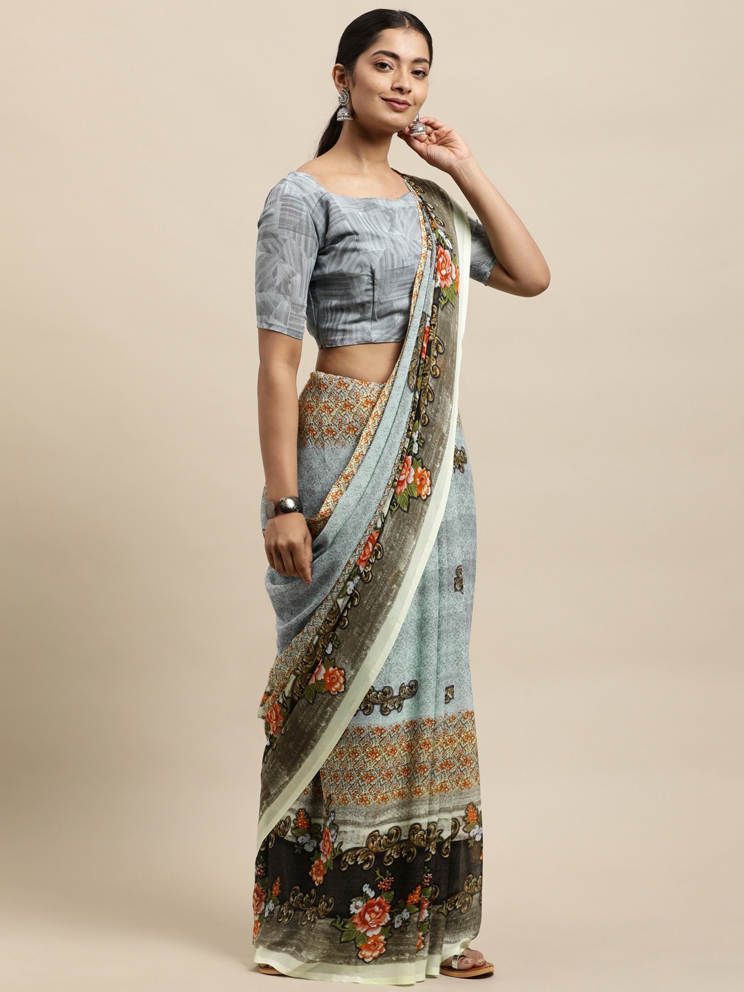 

KALINI Blue & Orange Ethnic Motifs Saree